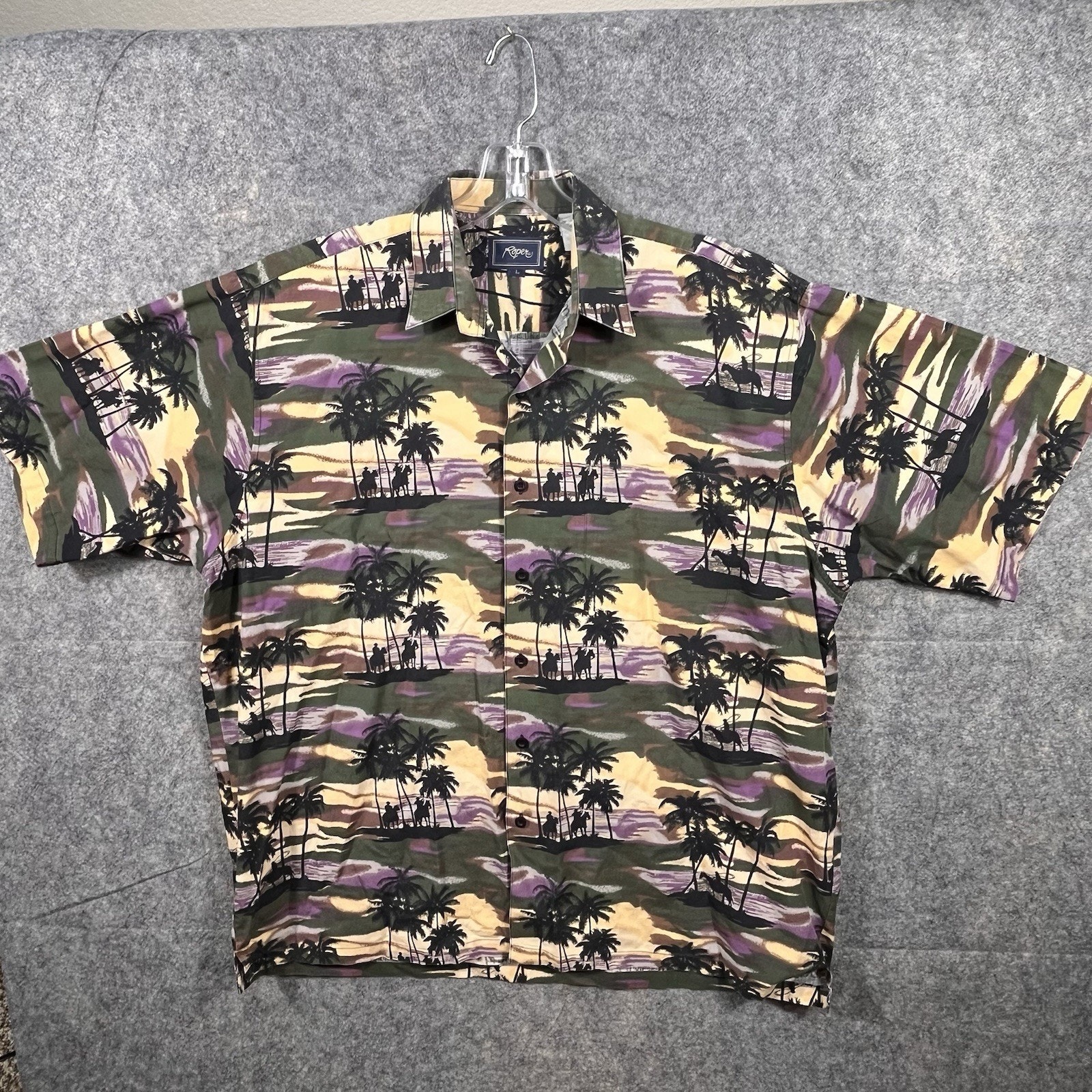 Roper Western Cowboy Palm Trees Graphic Print Button Down Shirt Size Large L